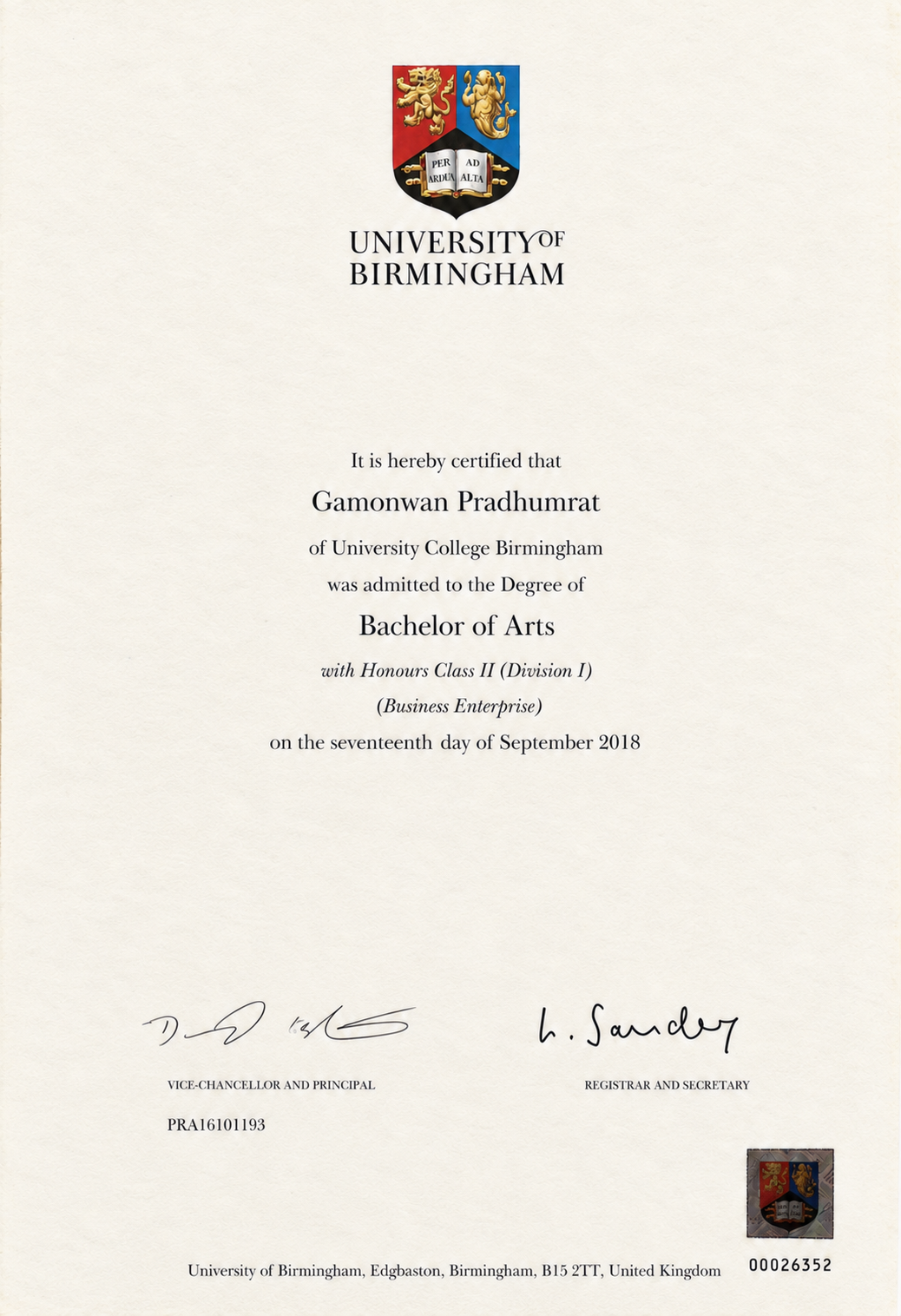 certificate of Gamonwan Pradhumrat (Putt)