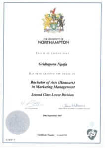 certificate of Gridtaporn Ngafa (Bow)