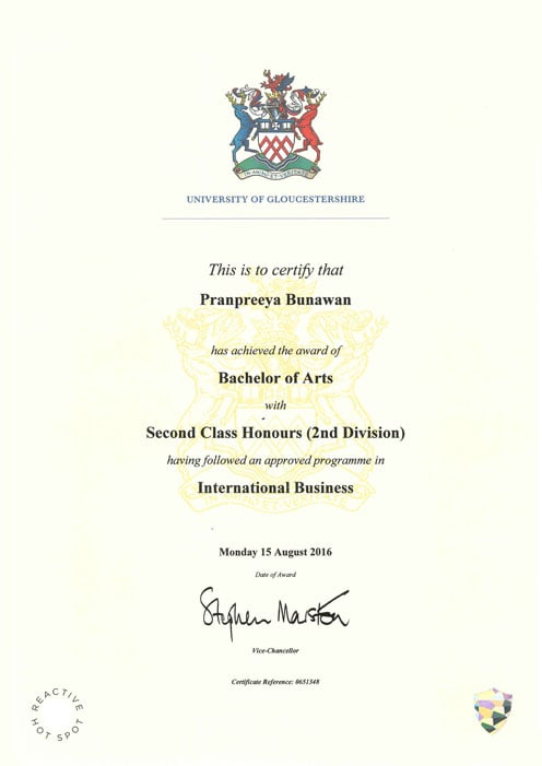 certificate of นางสาวปราณปรียาภ์ บุณาวรรฒ์ (เบส)