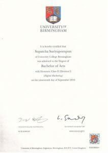 certificate of Supatcha Suriyapornparn (Lookpear)