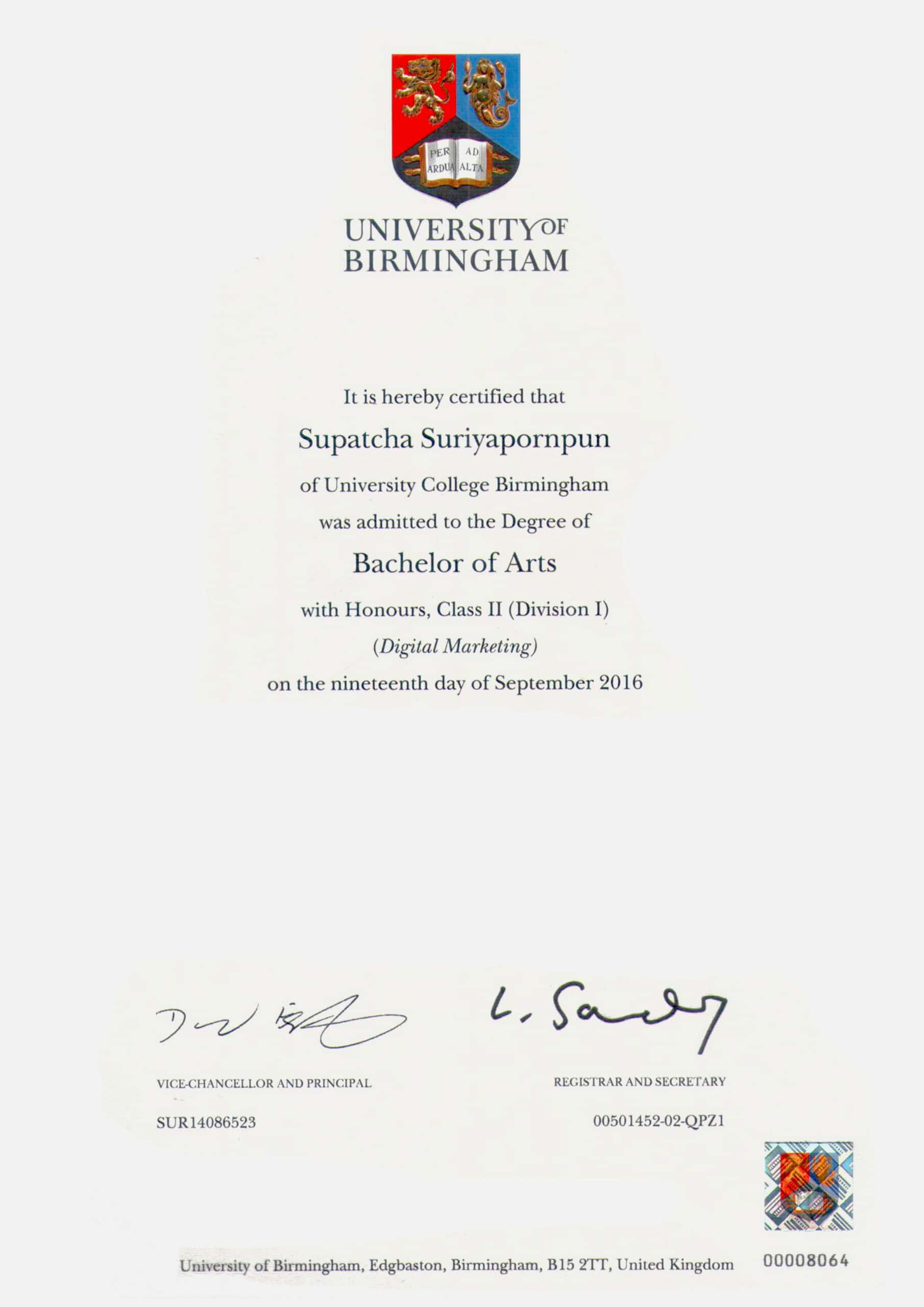 certificate of นางสาวสุภัชชา สุริยาพรพันธ์ (ลูกแพร)