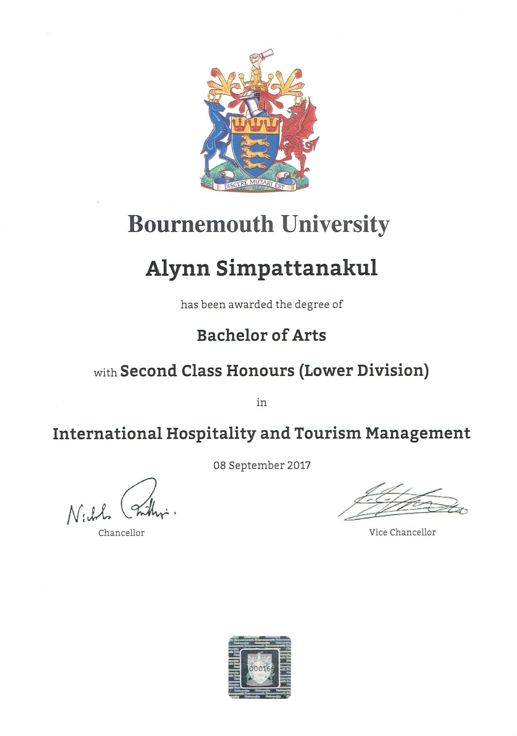 certificate of น.ส.อลิณ สิมพัฒนกุล (ญาญ่า)