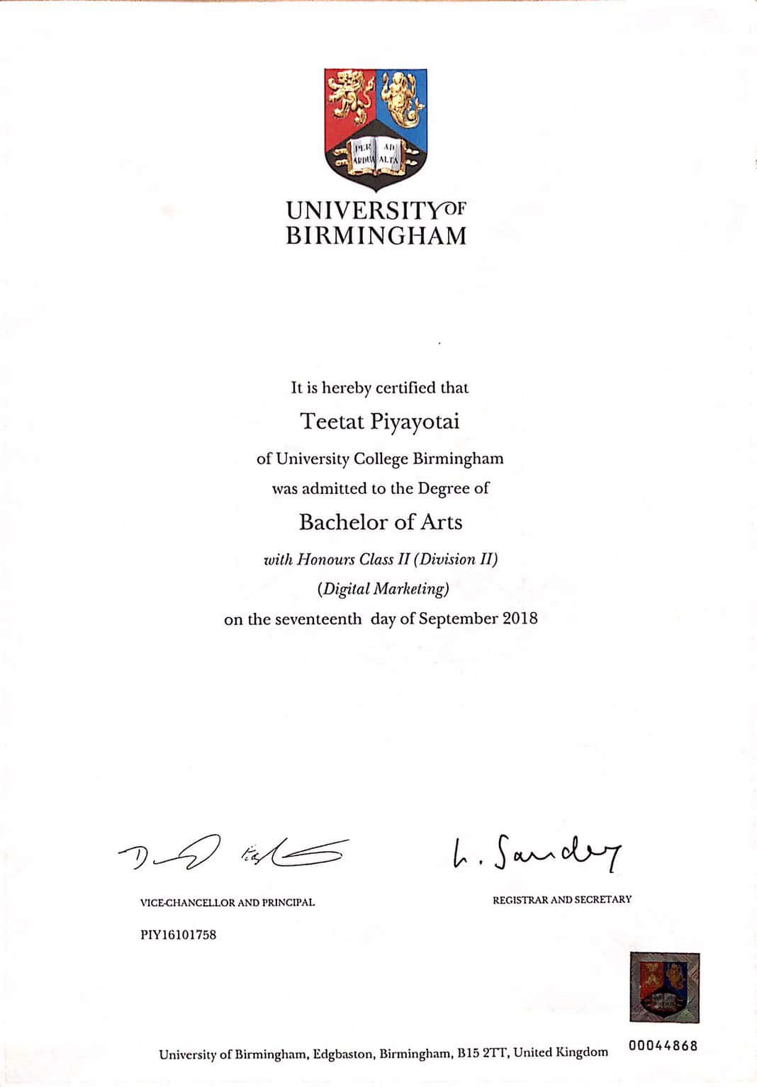 certificate of นายธีธัช ภิยโยทัย (ดิว)