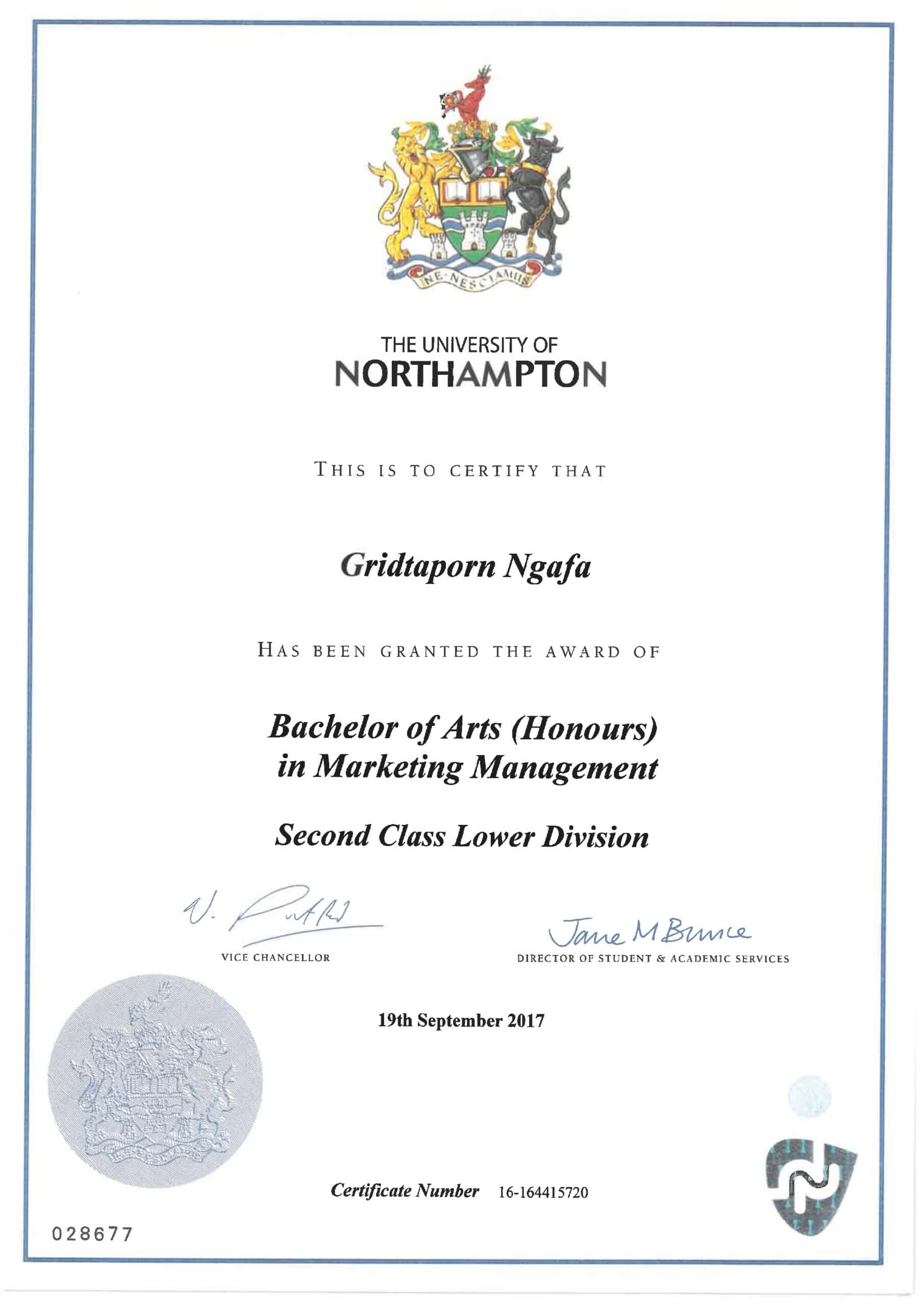 certificate of นางสาวกฤตพร หง้าฝา (โบว์)