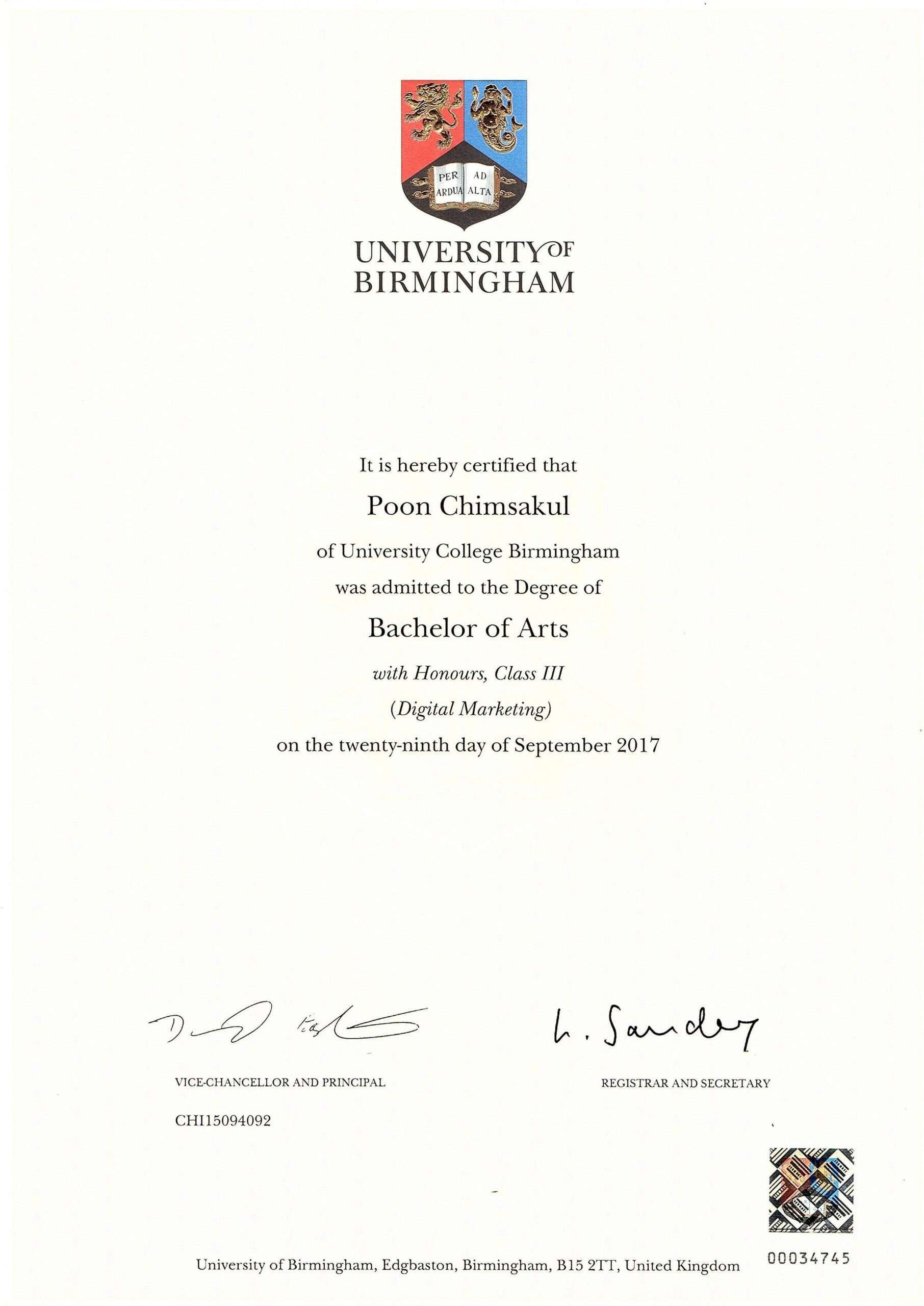 certificate of นาย ปูรณ์ ชิมสกุล (ปูรณ์)