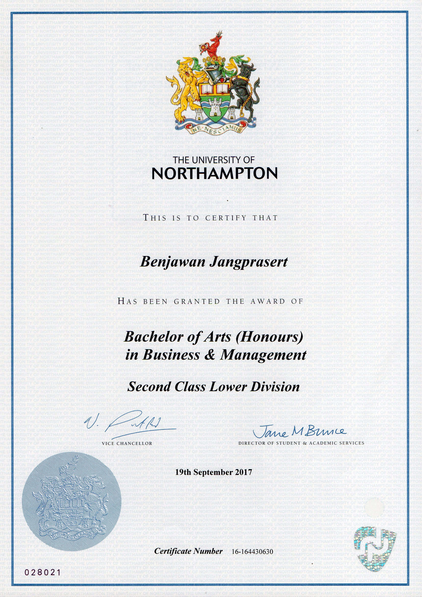 certificate of นางสาวอิสรีย์ จ้างประเสริฐ (มาย)