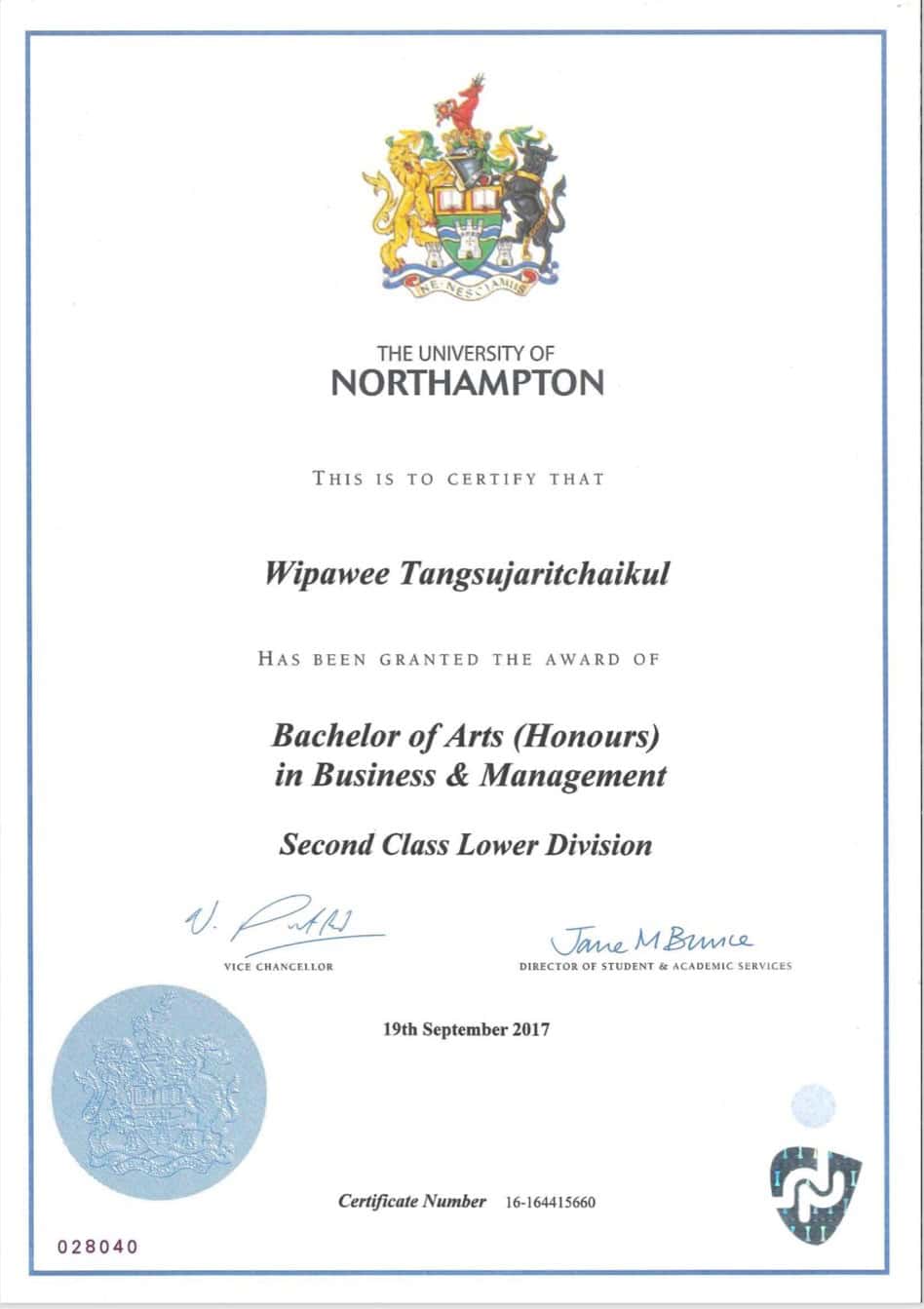 certificate of นางสาววิภาวี ตั้งสุจริตชัยกุล (มิลิน)