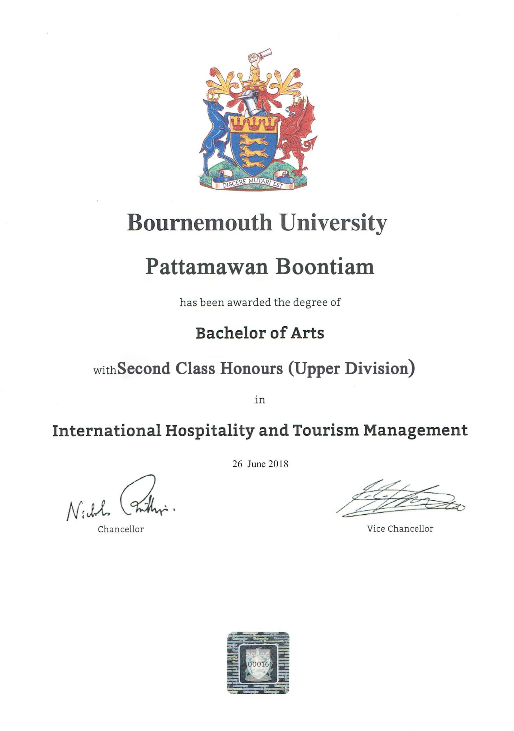 certificate of Pattamawan Boontiam (Bell)