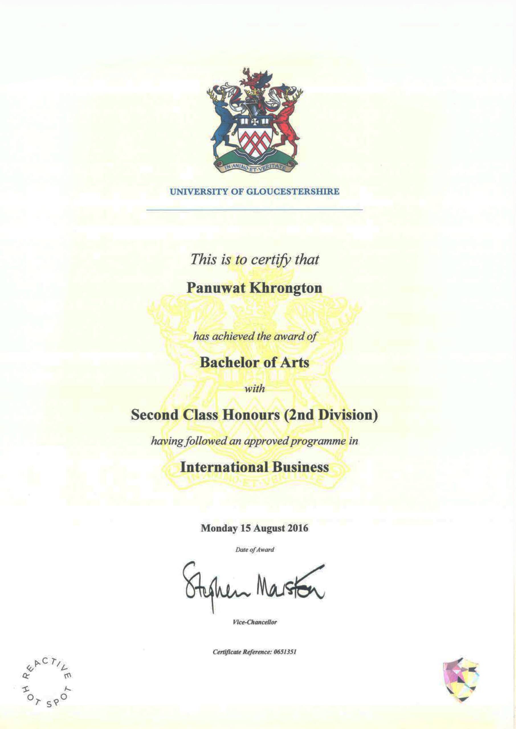 certificate of นายภานุวัฒน์ ครองตน (เปรม)