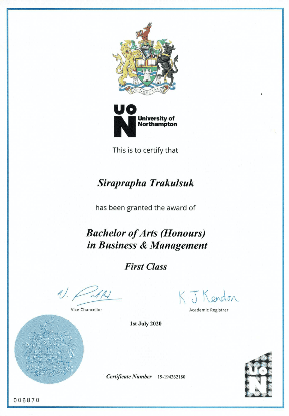 certificate of นางสาวศิรประภา ตระกูลสุข (มาน่า)