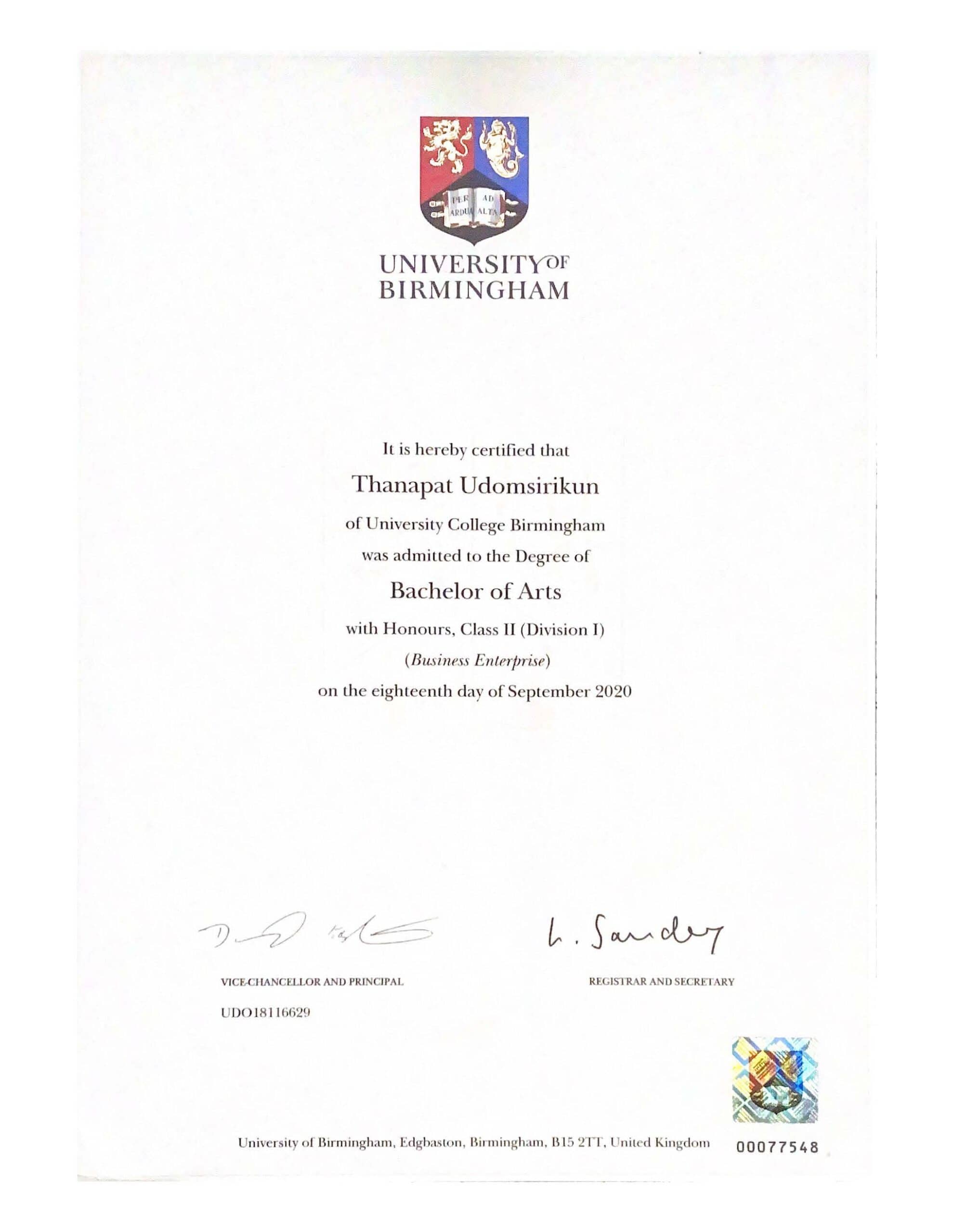 certificate of Thanapat Udomsirikun (James)
