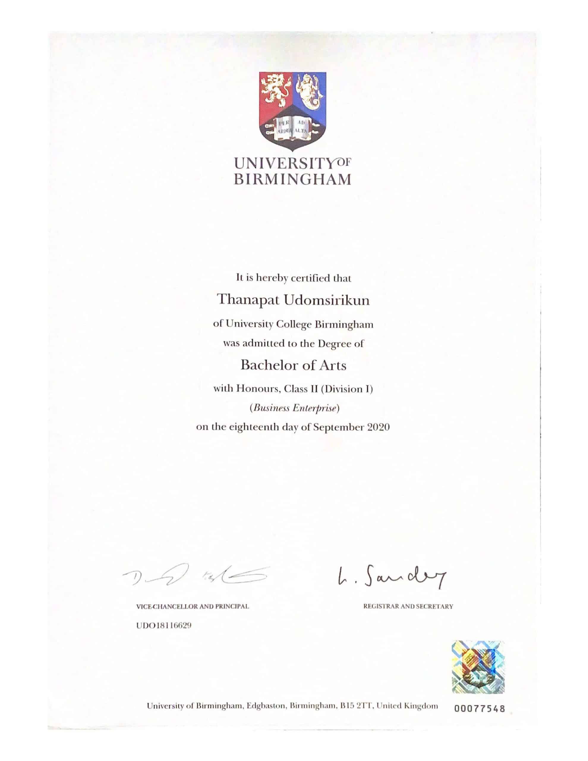 certificate of นายธนพัต อุดมสิริคุณ(เจมส์)