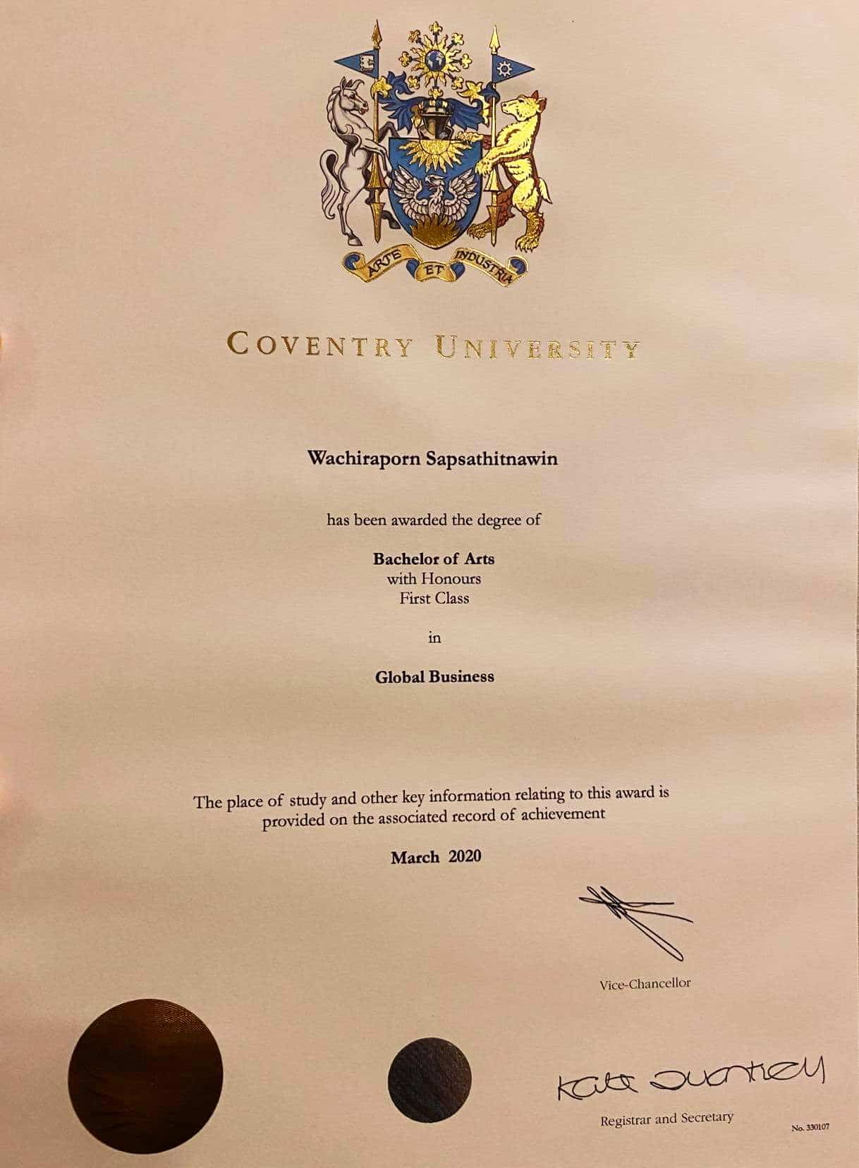 certificate of นางสาววชิราภรณ์  ทรัพย์สถิตนาวิน (ไอด้า)