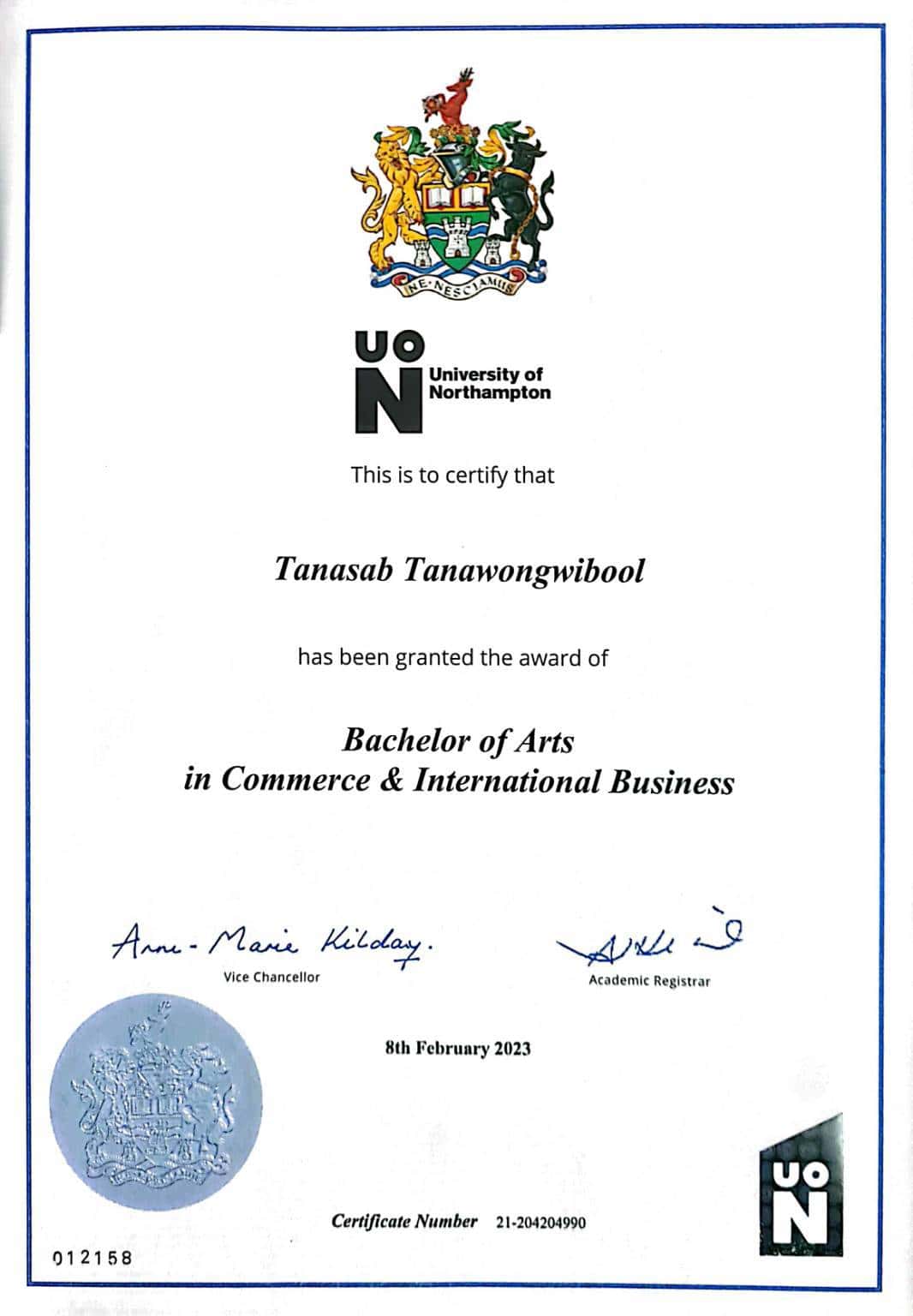 certificate of นายธนทรัพย์ ธนวงศ์วิบูลย์ (บูม)