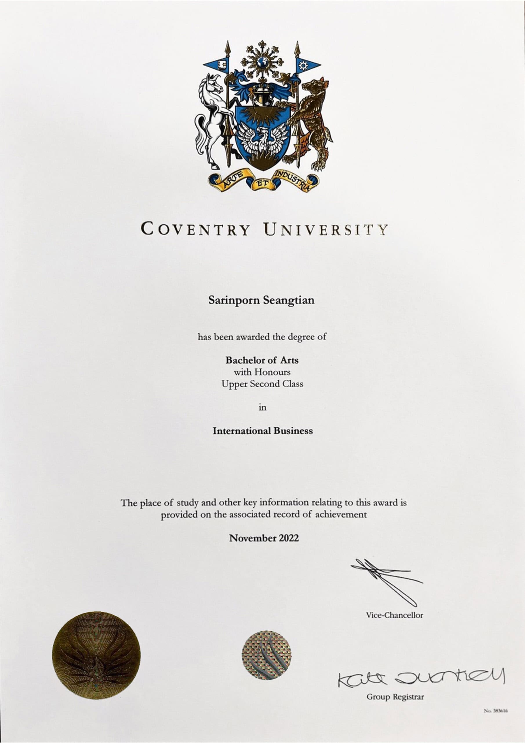 certificate of Sarinporn Seangtian (Grace)