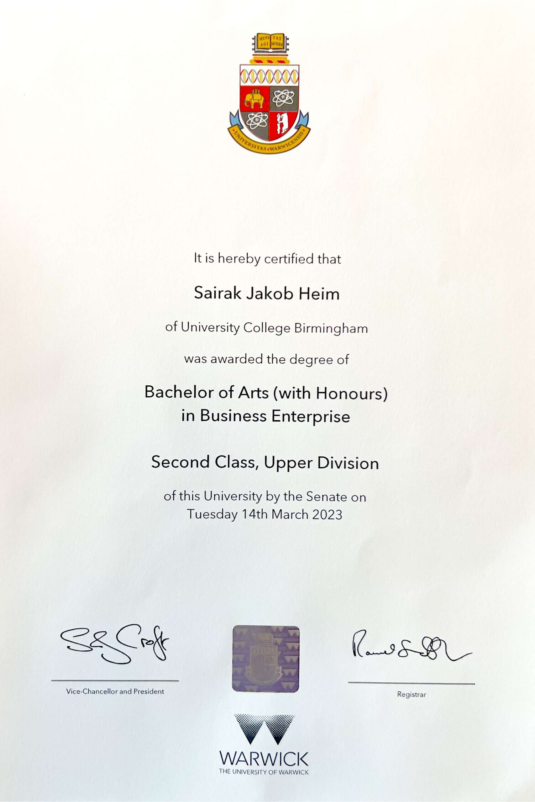 certificate of นายสายรัก ยาคอบ ไฮม (สายรัก)