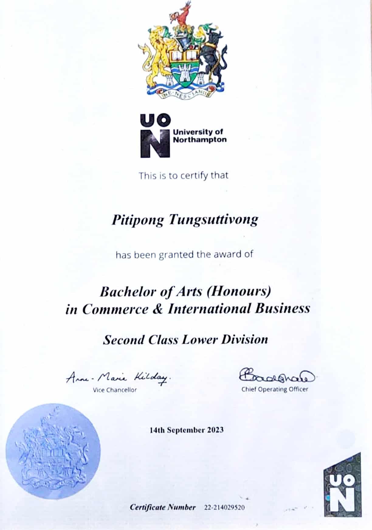 certificate of นายปิติพงษ์  ตั้งสุทธิวงศ์ (เฉิน)