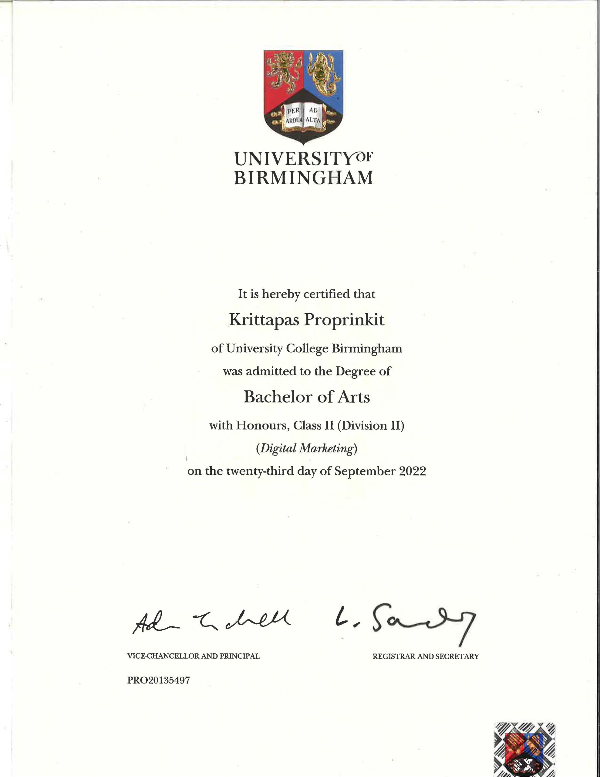 certificate of นาย กฤตภาส โพธิเพียรกิจ (เมฆ)