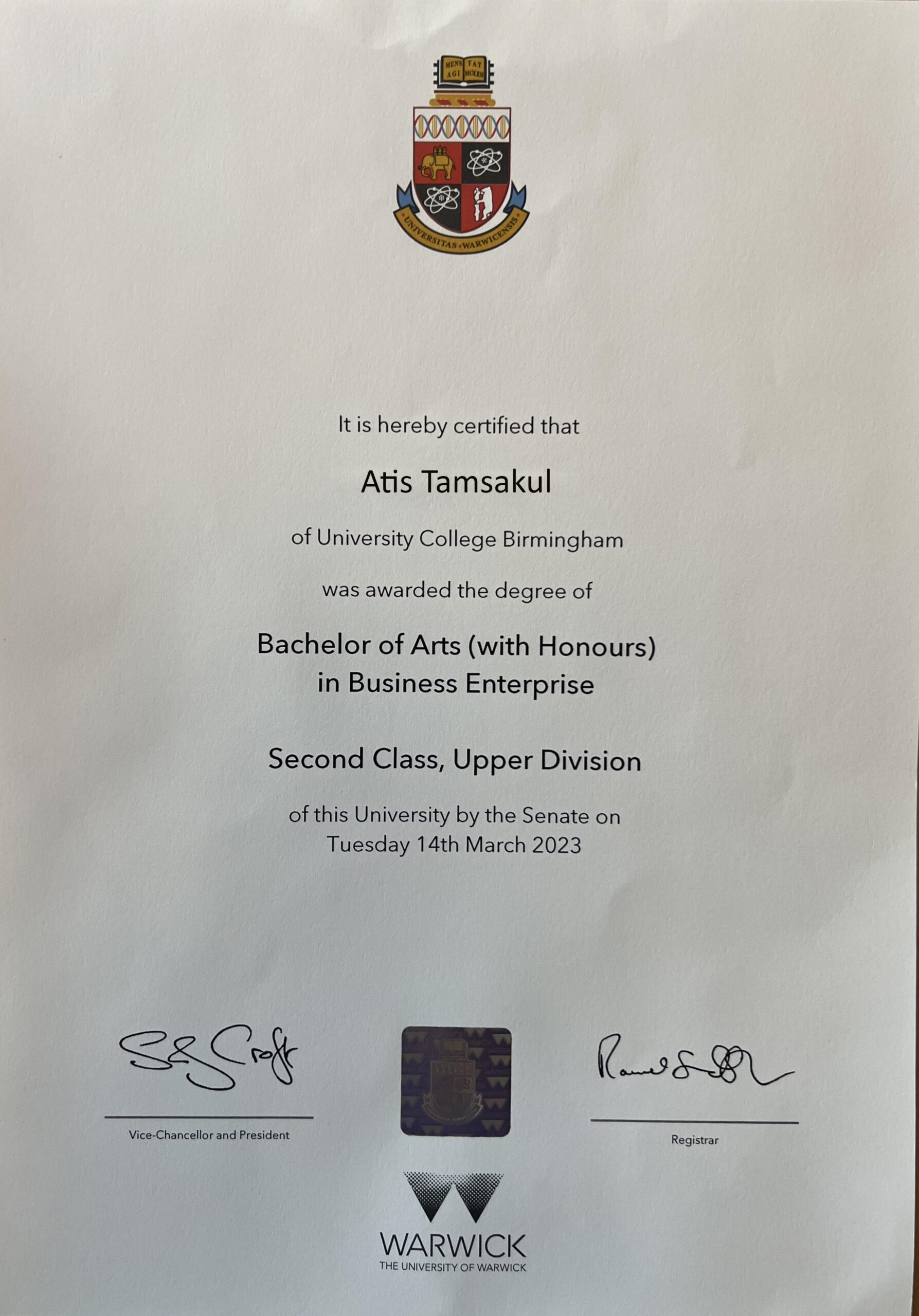 certificate of นายอธิศ ตามสกุล (เจ๊บบี้)