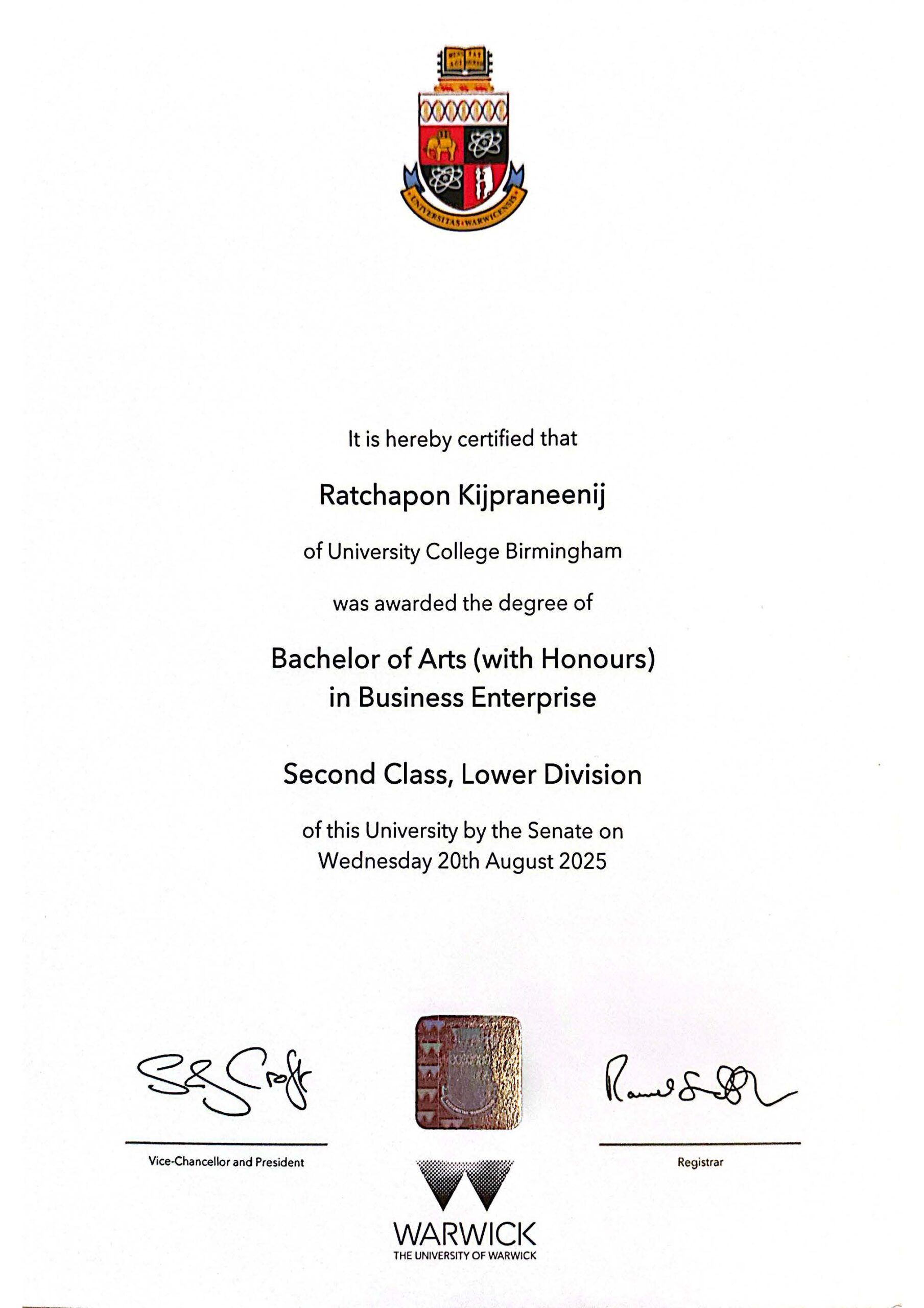 certificate of นางสาวรัชภร กิจปราณีนิจ (ออม)