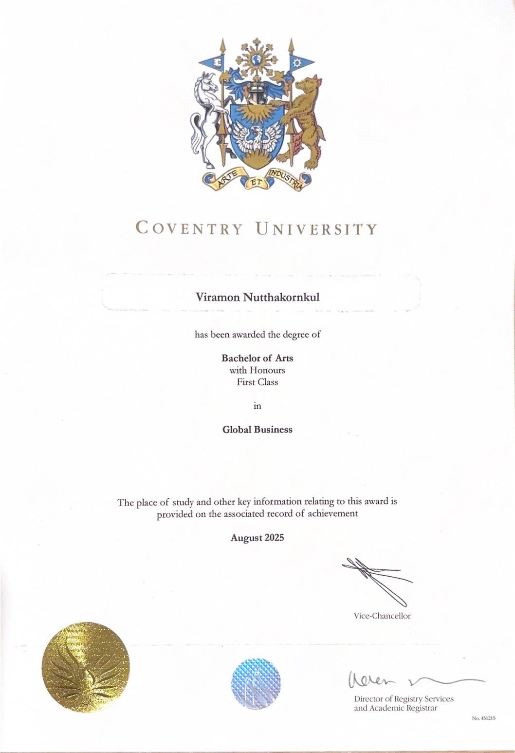 certificate of นางสาววิรมณ ณัฐฐากรกุล (วี)