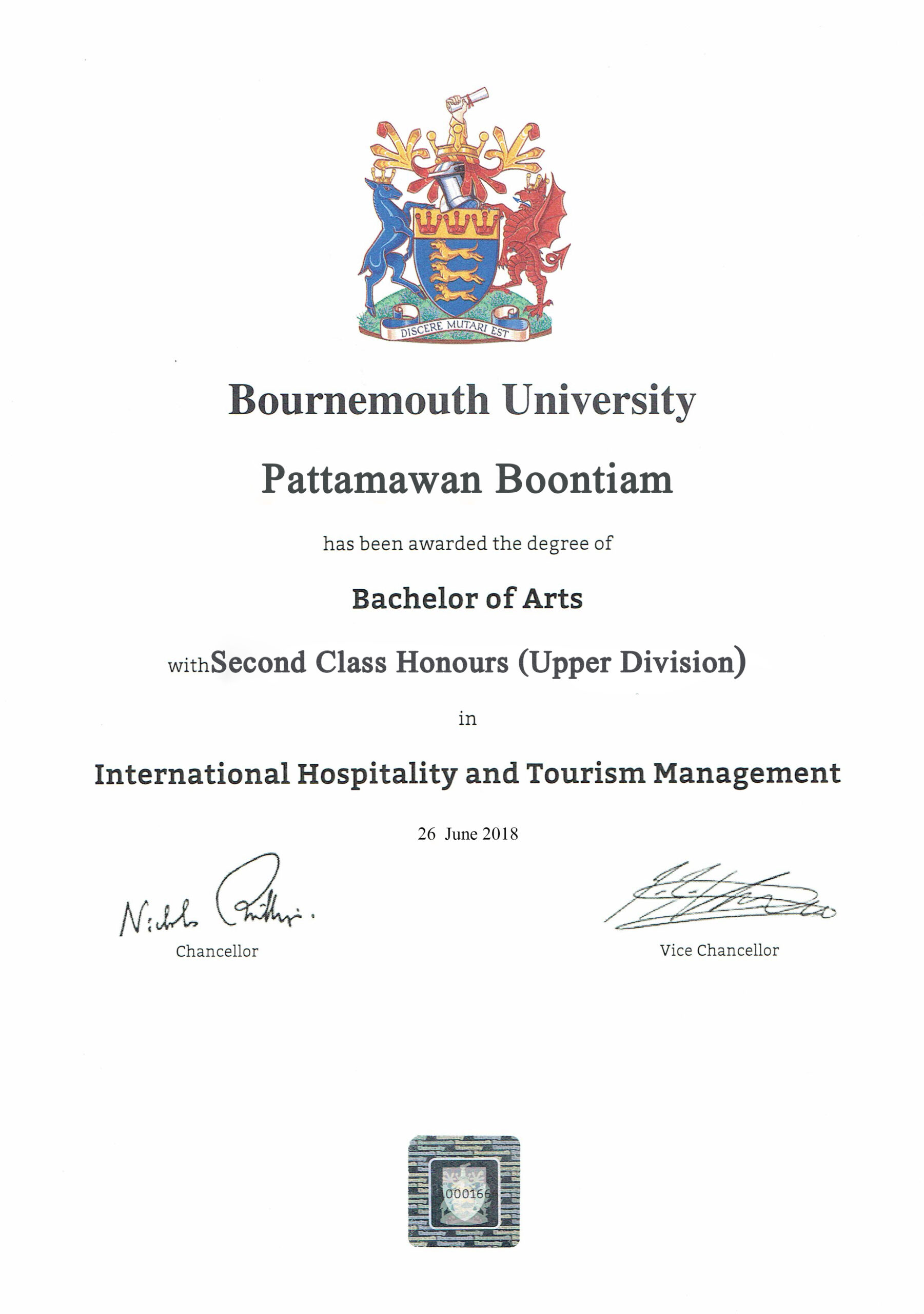certificate of Pattamawan Boontiam (Bell)